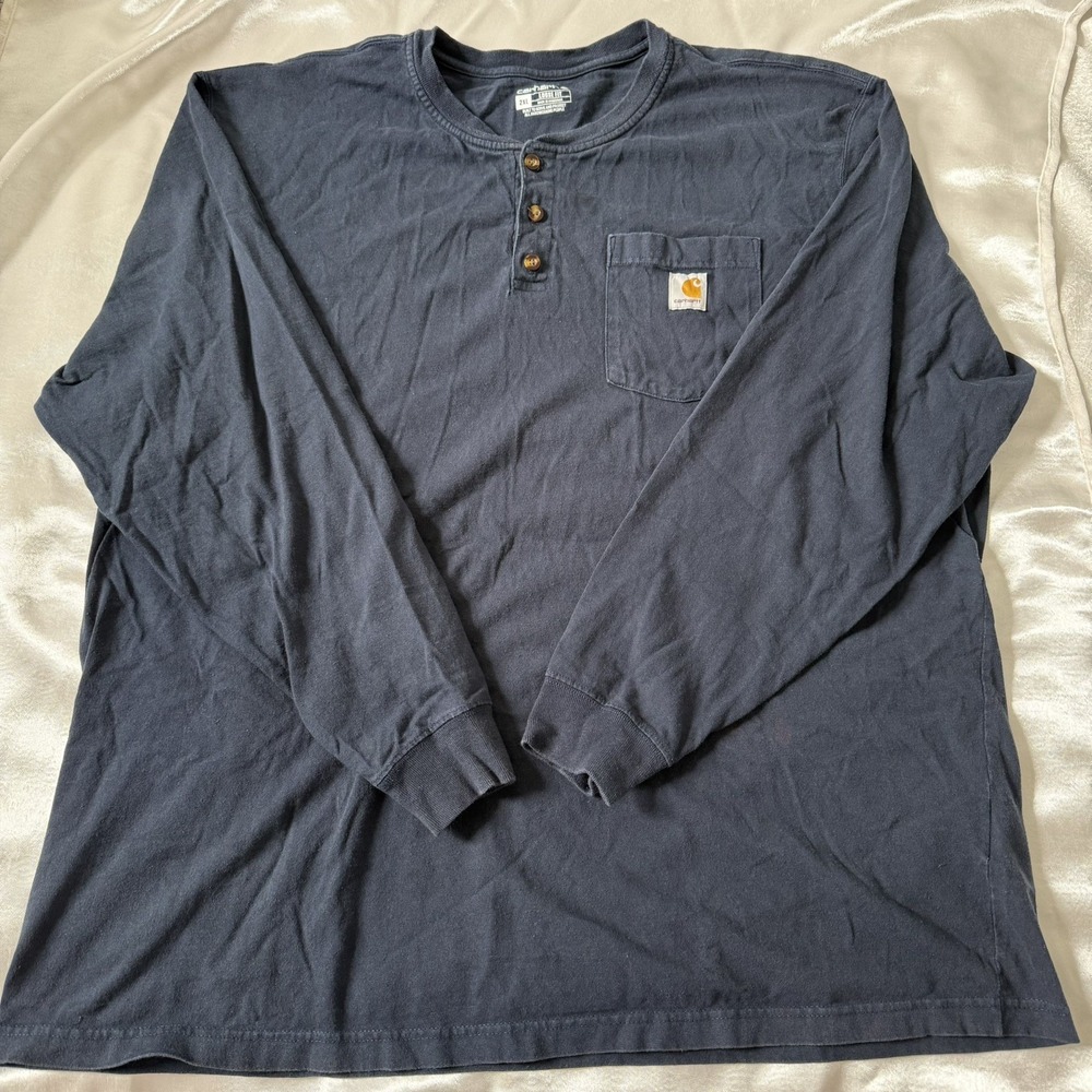 Carhartt Loose Fit Henley Long Sleeve Navy Blue Pocket Shirt Men's 2XL Work